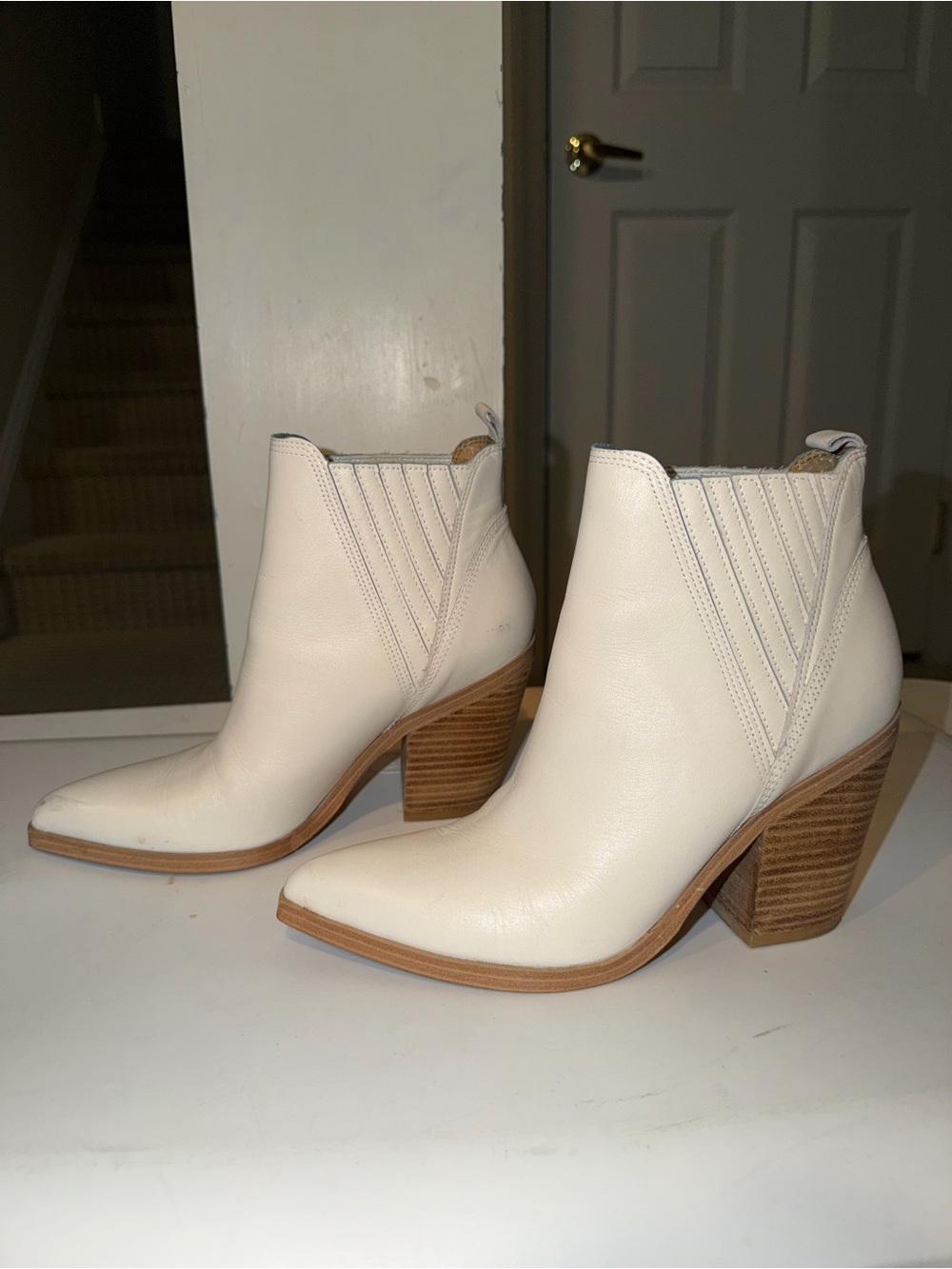 Marc Fisher Cream Leather Pointed Ankle Booties with Stacked Heel